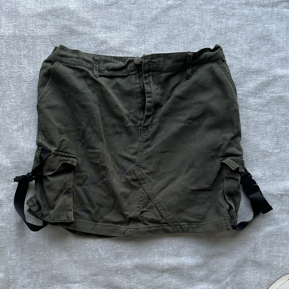 Olive Green Cargo Mini Skirt with Buckle Details